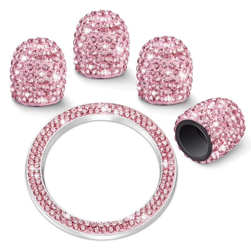 WINKA Rhinestone 4pcs Car Tire Valve Stem Caps with 1pcs Bling Car Engine Button Cover Unversal Ignition Ring for Car Keylees Ring Diamond Car Tire Caps Bling Car Accessories Pink - Image 3