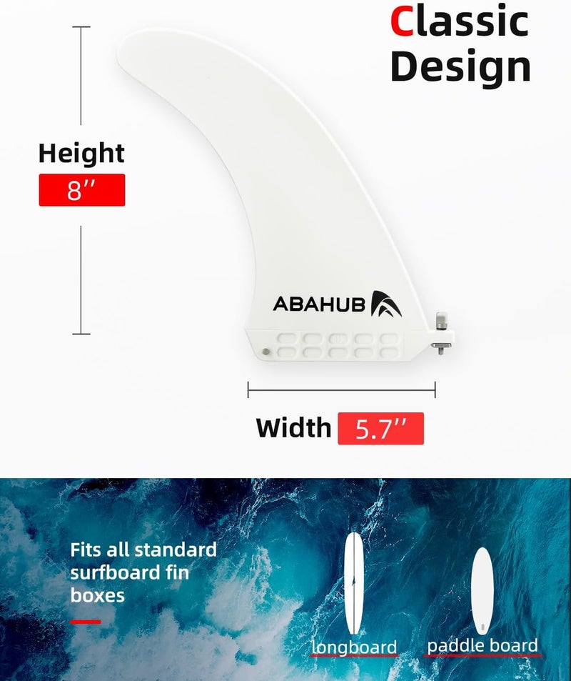 Abahub 8'' SUP Single Center Fin with 1 No Tool Fin Screw, Fiberglass Reinforeced 8 inch SUP Replacement Fins for Surfboard, Stand-up Paddle Board, Longboard, Black/Blue/White - Image 2