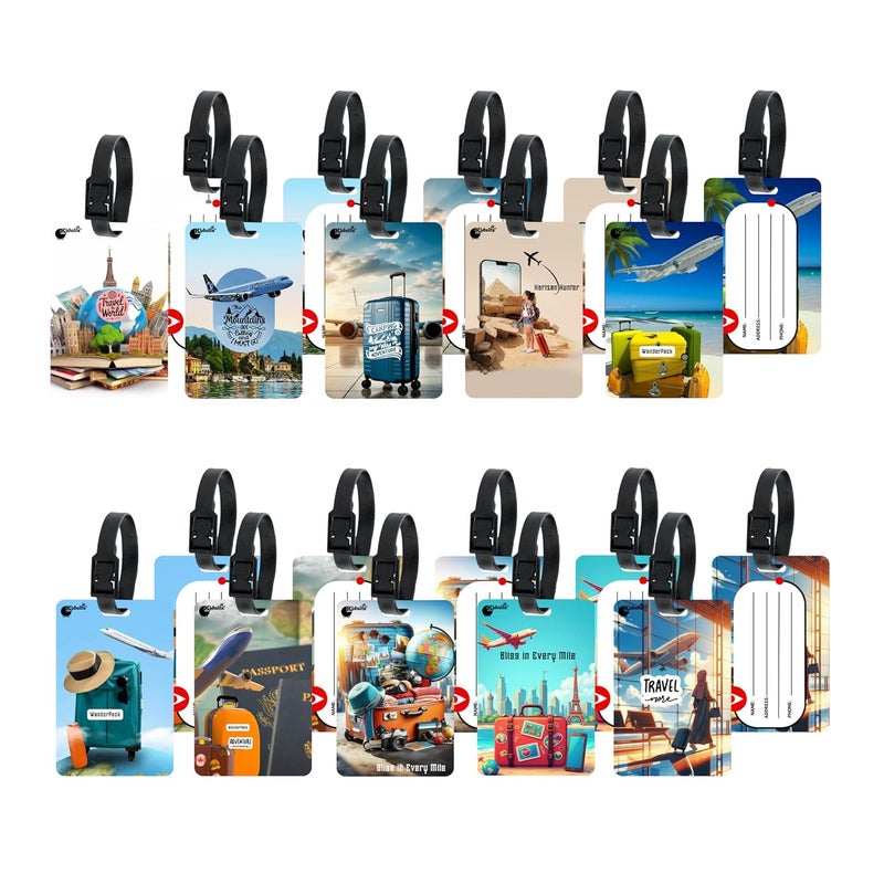 Kidultz (Set of 10) Synthetic Luggage Tags with Black Strap Loop | Durable, Waterproof, Anti-Break Travel ID Tags for Suitcases, Backpacks, School & Office Bags (Set 5) - Image 2