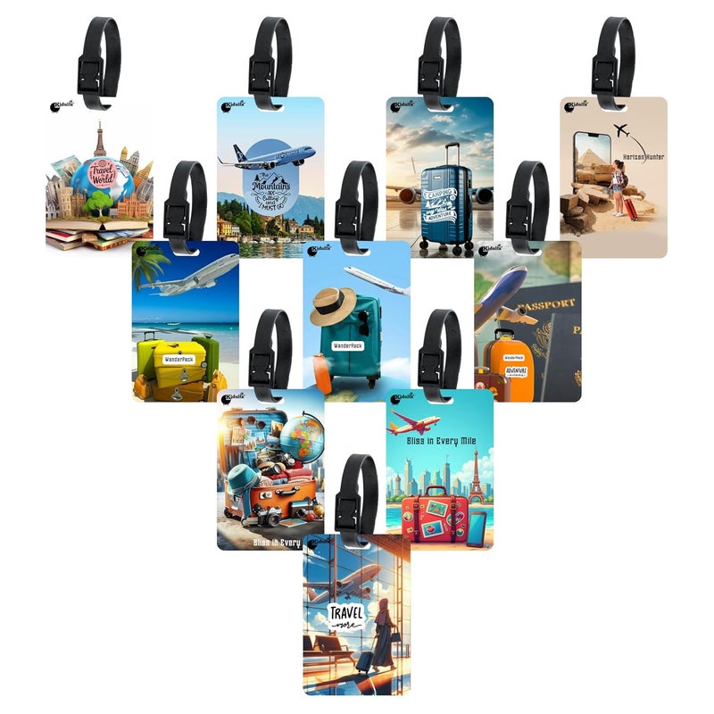 Kidultz (Set of 10) Synthetic Luggage Tags with Black Strap Loop | Durable, Waterproof, Anti-Break Travel ID Tags for Suitcases, Backpacks, School & Office Bags (Set 5) - Image 1