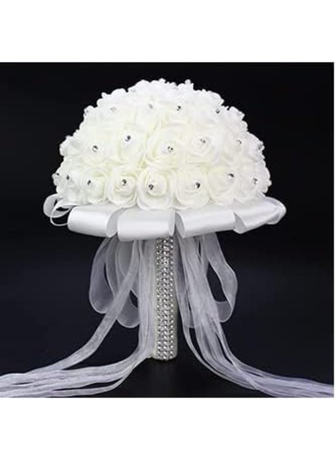FIDDY898 Wedding Bridal Bouquet Crystal Ribbon Rhinestone Wedding Bridesmaid Bouquet Bridal Artificial Flowers for Wedding White Small Size 2024 - Image 1