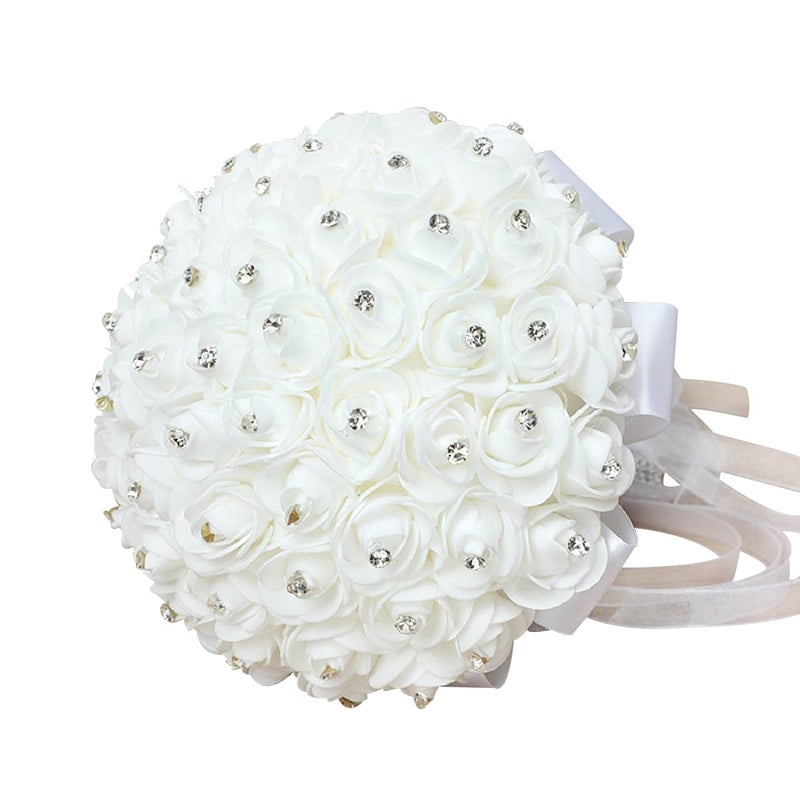 FIDDY898 Wedding Bridal Bouquet Crystal Ribbon Rhinestone Wedding Bridesmaid Bouquet Bridal Artificial Flowers for Wedding White Small Size 2024 - Image 3