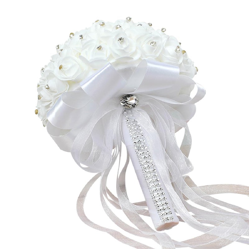 FIDDY898 Wedding Bridal Bouquet Crystal Ribbon Rhinestone Wedding Bridesmaid Bouquet Bridal Artificial Flowers for Wedding White Small Size 2024 - Image 2