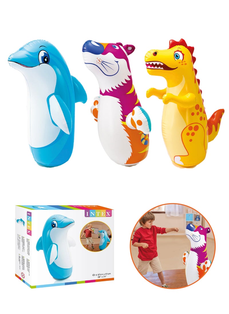 INTEX Intex 3D Inflatable Pop Punching Bags are designed for children and feature a sand-filled base that helps them return to their upright position after each punch, automatically returning them after hitting, providing a fun and safe experience for the child. Available in three different shapes.  - Image 1