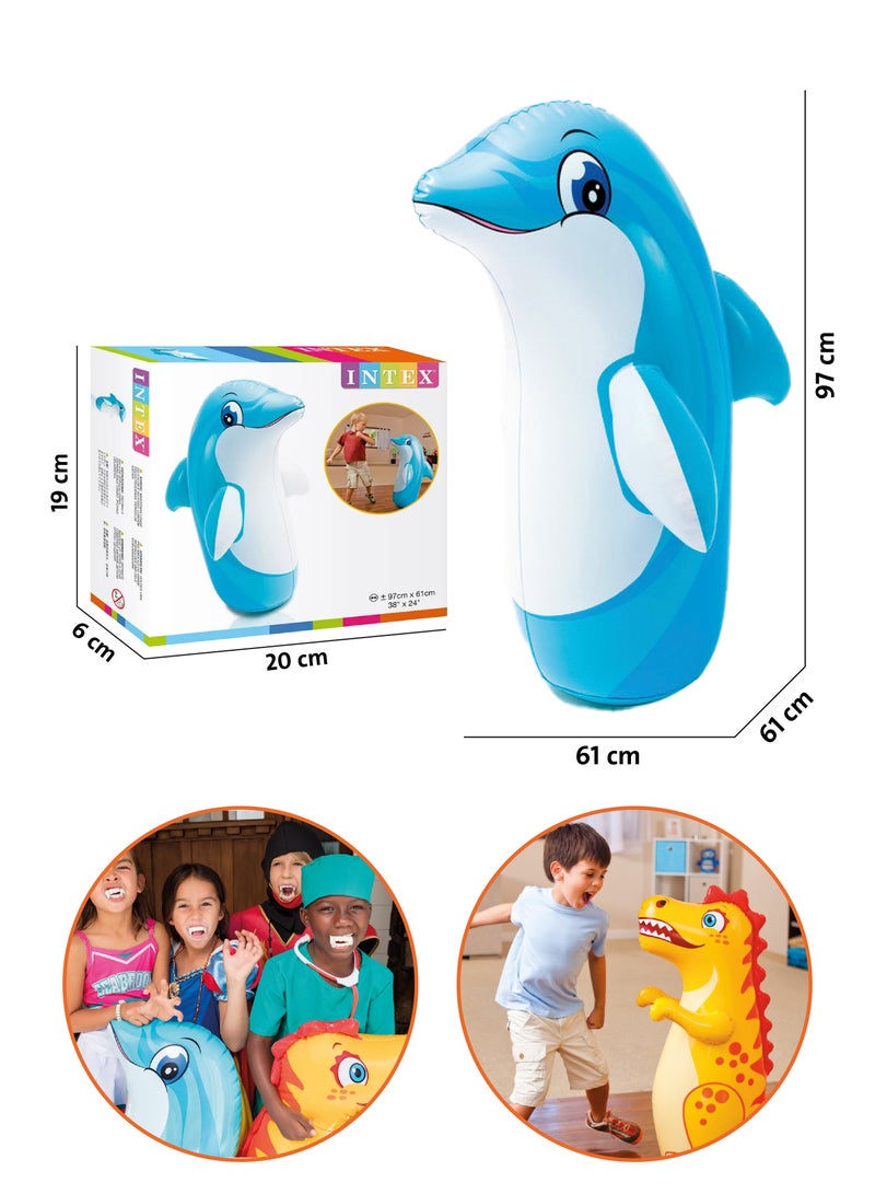 Intex 3D Inflatable Pop Punching Bags are designed for children and feature a sand-filled base that helps them return to their upright position after each punch, automatically returning them after hitting, providing a fun and safe experience for the child. Available in three different shapes.