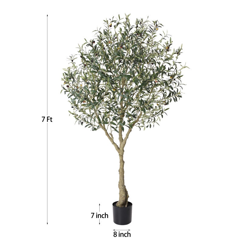 LOMANTO Olive Trees Artificial Indoor, 7Ft Artificial Olive Plants, Tall Faux Olive Tree, Fake Topiary Silk Tree in Pot with Olive Branch & Fruit, Home Office Modern Decor Gift for Housewarming 1Pack - Image 5