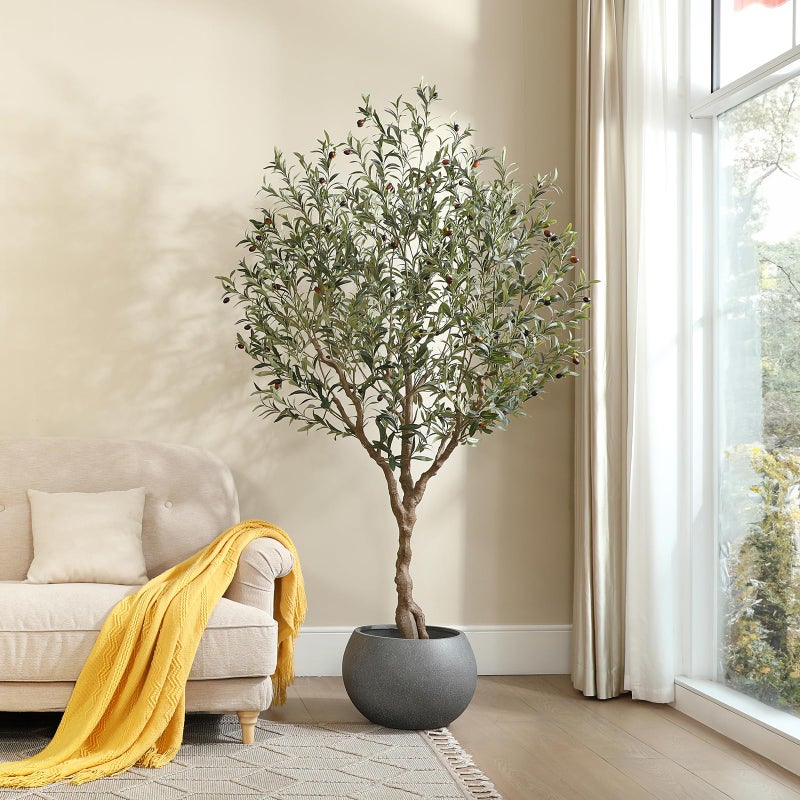 LOMANTO Olive Trees Artificial Indoor, 7Ft Artificial Olive Plants, Tall Faux Olive Tree, Fake Topiary Silk Tree in Pot with Olive Branch & Fruit, Home Office Modern Decor Gift for Housewarming 1Pack - Image 1