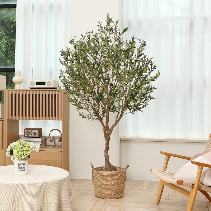 LOMANTO Olive Trees Artificial Indoor, 7Ft Artificial Olive Plants, Tall Faux Olive Tree, Fake Topiary Silk Tree in Pot with Olive Branch & Fruit, Home Office Modern Decor Gift for Housewarming 1Pack - Image 4