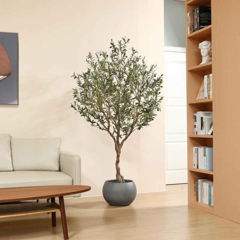 LOMANTO Olive Trees Artificial Indoor, 7Ft Artificial Olive Plants, Tall Faux Olive Tree, Fake Topiary Silk Tree in Pot with Olive Branch & Fruit, Home Office Modern Decor Gift for Housewarming 1Pack - Image 3