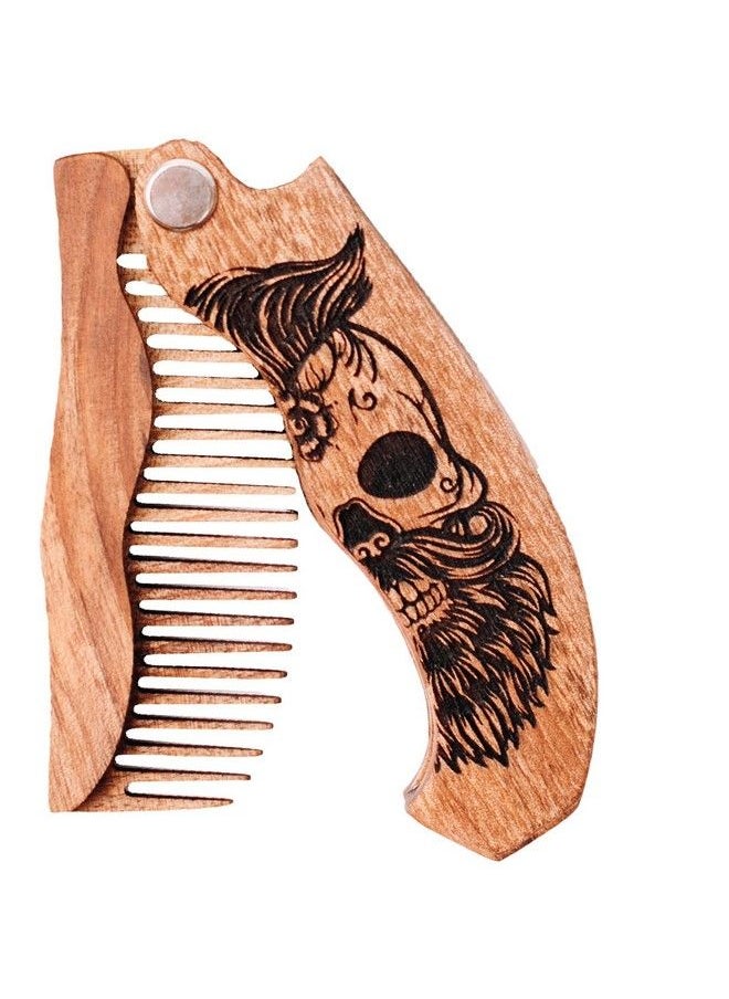 Enjoy The Wood مشط لحية للرجال، أمشاط جيب قابلة للطي للشارب والشعر، مشط خشبي طبيعي للسفر مع نقش رجل حقيقي، مثالي للاستخدام مع زيت بلسم اللحية (نصف جمجمة مموجة)  - Image 1