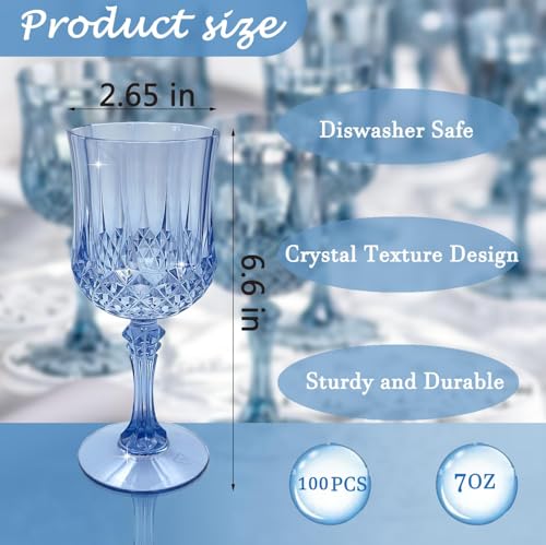LEYIQU Plastic Wine Glasses, Plastic Goblets Vintage Style Cordial Unbreakable Drinking Glasses, Reusable Drinkware for Wedding Reception, Grand Event Party Supplies (100, Blue) - Image 2
