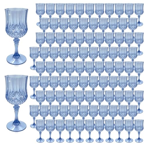 LEYIQU Plastic Wine Glasses, Plastic Goblets Vintage Style Cordial Unbreakable Drinking Glasses, Reusable Drinkware for Wedding Reception, Grand Event Party Supplies (100, Blue) - Image 1