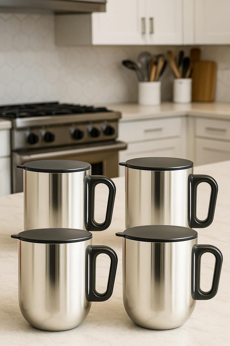 STEEPLE Stainless Steel Coffee Mug - Pack of 4|Insulated Double Wall Travel Mug with Lid|Hot&Cold Beverage Cup|Spill-Proof,Leakproof&Unbreakable|Reusable for Tea,Milk,Juice&Water,350 ml - Image 1