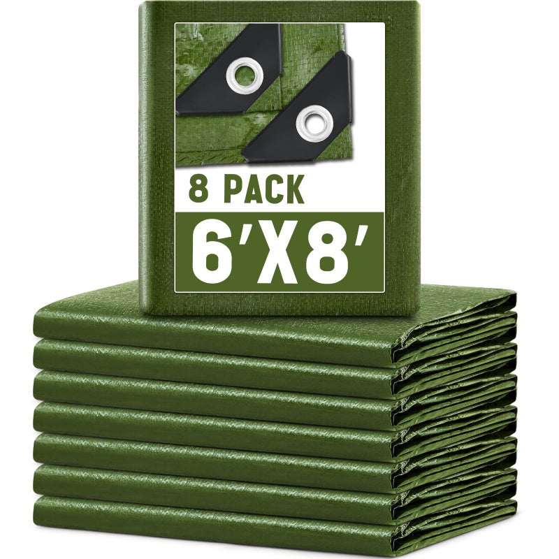 GliCraft 8 Pack 6 x 8 ft 5.5 Mil Large Tarps Heavy Duty Waterproof Tarp Multi Purpose Tent Cover for Home Boats Cars Camping Patio Furniture Roof Emergency Rain Protective Cover, Army Green - Image 1