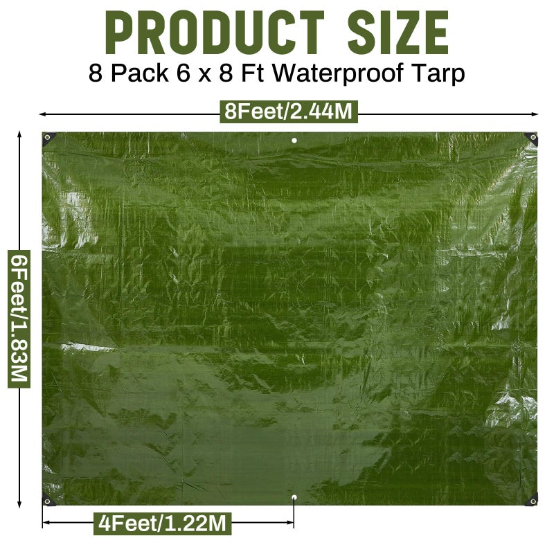 GliCraft 8 Pack 6 x 8 ft 5.5 Mil Large Tarps Heavy Duty Waterproof Tarp Multi Purpose Tent Cover for Home Boats Cars Camping Patio Furniture Roof Emergency Rain Protective Cover, Army Green - Image 2