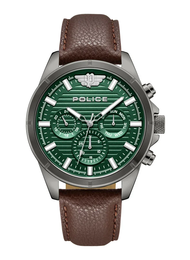 POLICE Malawi Men's 45mm Multifunction Watch with Satin Dark Green Dial & Brown Leather Strap
