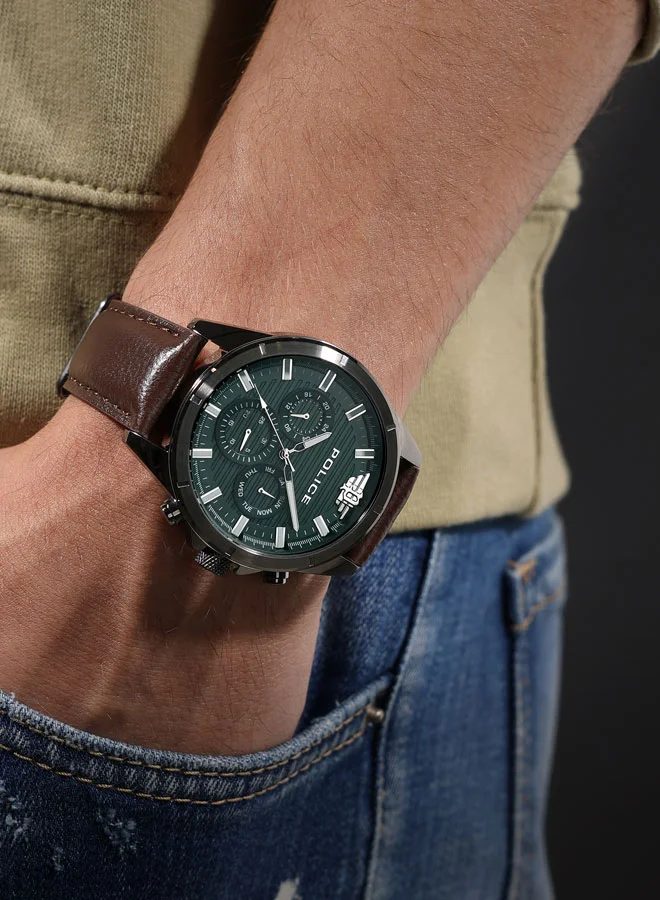 بوليس Men's Malawi Men's 45mm Multifunction Watch with Satin Dark Green Dial & Brown Leather Strap