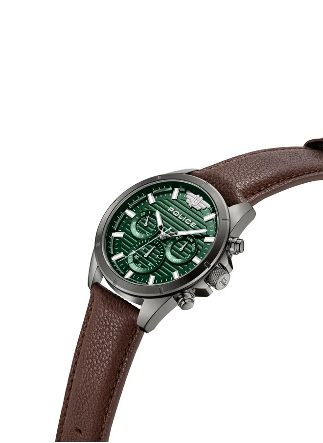 POLICE Malawi Men's 45mm Multifunction Watch with Satin Dark Green Dial & Brown Leather Strap