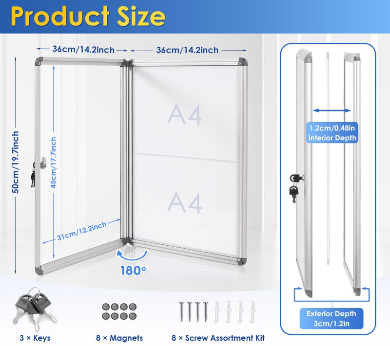 S SWANCROWN SWANCROWN Enclosed Bulletin Board Dry Erase Noticeboard Lockable Display Boards White with Aluminium Frame 20x14inch(2xA4) - Image 2