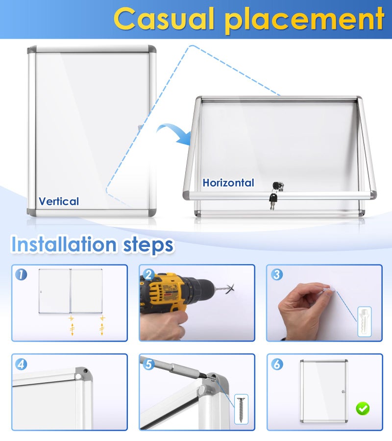 S SWANCROWN SWANCROWN Enclosed Bulletin Board Dry Erase Noticeboard Lockable Display Boards White with Aluminium Frame 20x14inch(2xA4) - Image 5