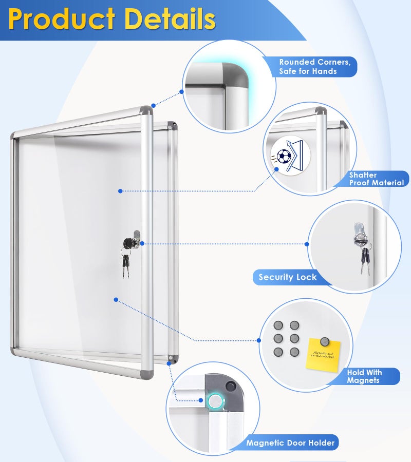 S SWANCROWN SWANCROWN Enclosed Bulletin Board Dry Erase Noticeboard Lockable Display Boards White with Aluminium Frame 20x14inch(2xA4) - Image 3