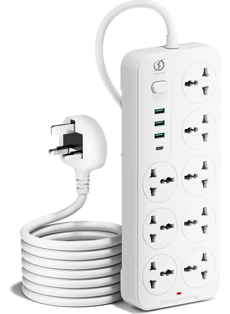 انفلكس سلك تمديد INFLUX مزود بـ 8 منافذ، سلك بطول 3 أمتار مع منافذ USB ونوع C، وواقي من زيادة التيار ومحول متعدد المقابس، ومحور USB مع مقبس ذكي - مثالي للألعاب مع قابس منصهر 13 أمبير - Image 1