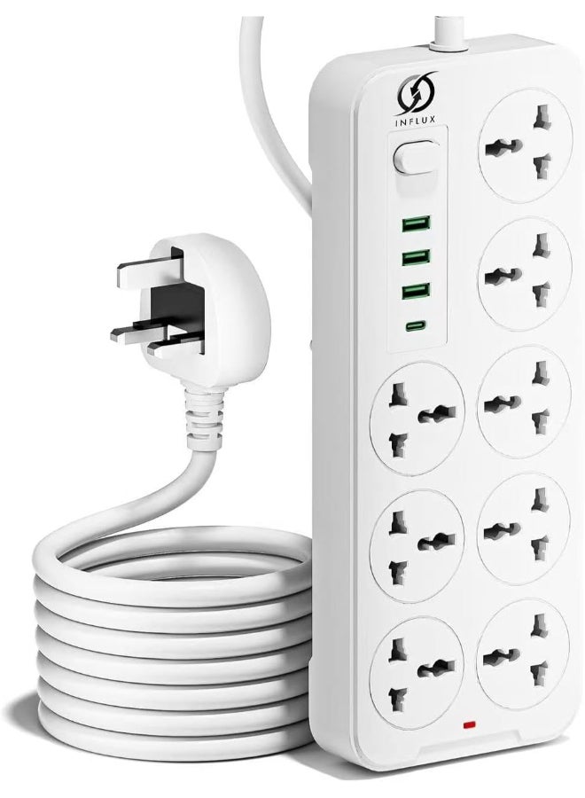 انفلكس سلك تمديد INFLUX مزود بـ 8 منافذ، سلك بطول 3 أمتار مع منافذ USB ونوع C، وواقي من زيادة التيار ومحول متعدد المقابس، ومحور USB مع مقبس ذكي - مثالي للألعاب مع قابس منصهر 13 أمبير - Image 1