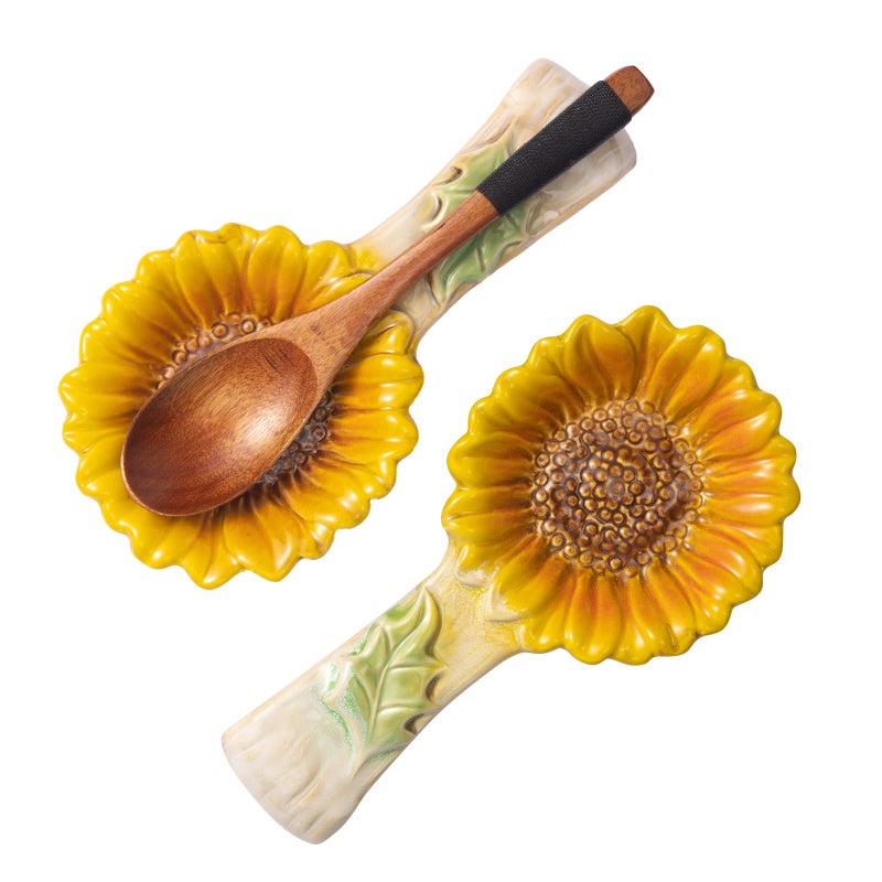 Alarrar 2 Pack Spoon Rest for Stove Top, Sunflower Ceramic Spoon Holder for Kitchen Counter Cooking Utensil Ladle Spatula Holder Cute Spoon Rest Sunflower Kitchen Decor Items House Warming Birthday Gift - Image 1