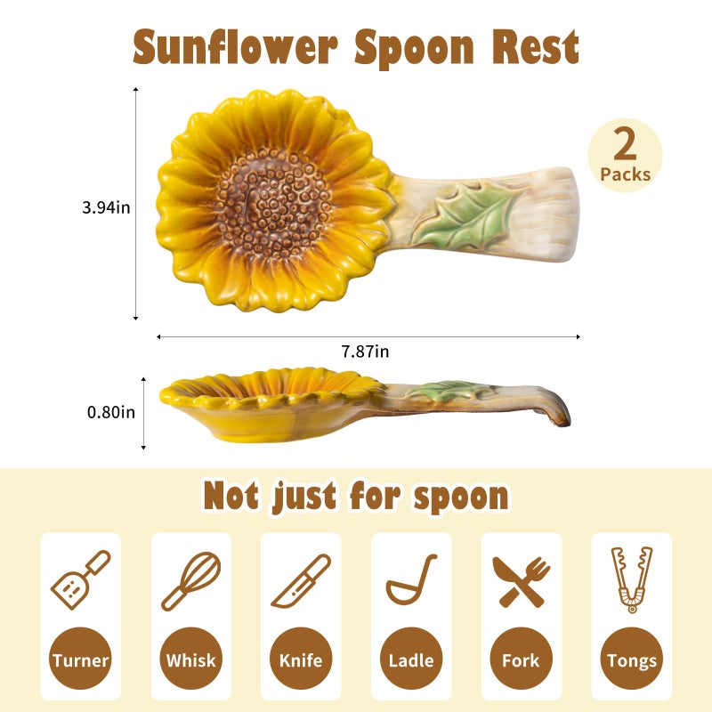 Alarrar 2 Pack Spoon Rest for Stove Top, Sunflower Ceramic Spoon Holder for Kitchen Counter Cooking Utensil Ladle Spatula Holder Cute Spoon Rest Sunflower Kitchen Decor Items House Warming Birthday Gift - Image 3