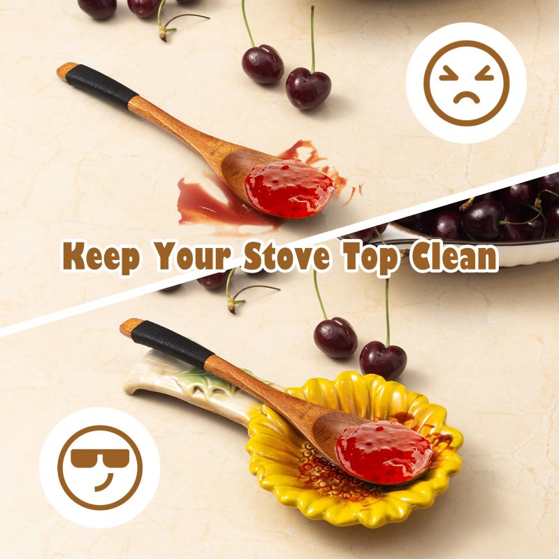 Alarrar 2 Pack Spoon Rest for Stove Top, Sunflower Ceramic Spoon Holder for Kitchen Counter Cooking Utensil Ladle Spatula Holder Cute Spoon Rest Sunflower Kitchen Decor Items House Warming Birthday Gift - Image 2