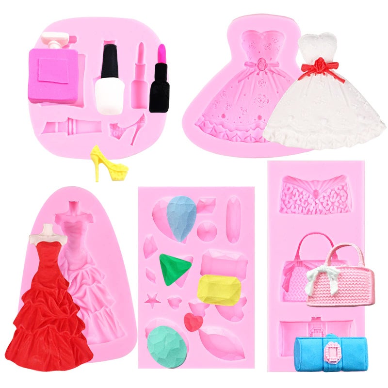 Makeup Fondant Molds Gem High Heel Candy Chocolate Lipstick Cake Decoration Silicone Molds 5Pack for Queen Theme Party Princess Dress Handbag Perfume Resin Clay Tools for a Birthday and Wedding
