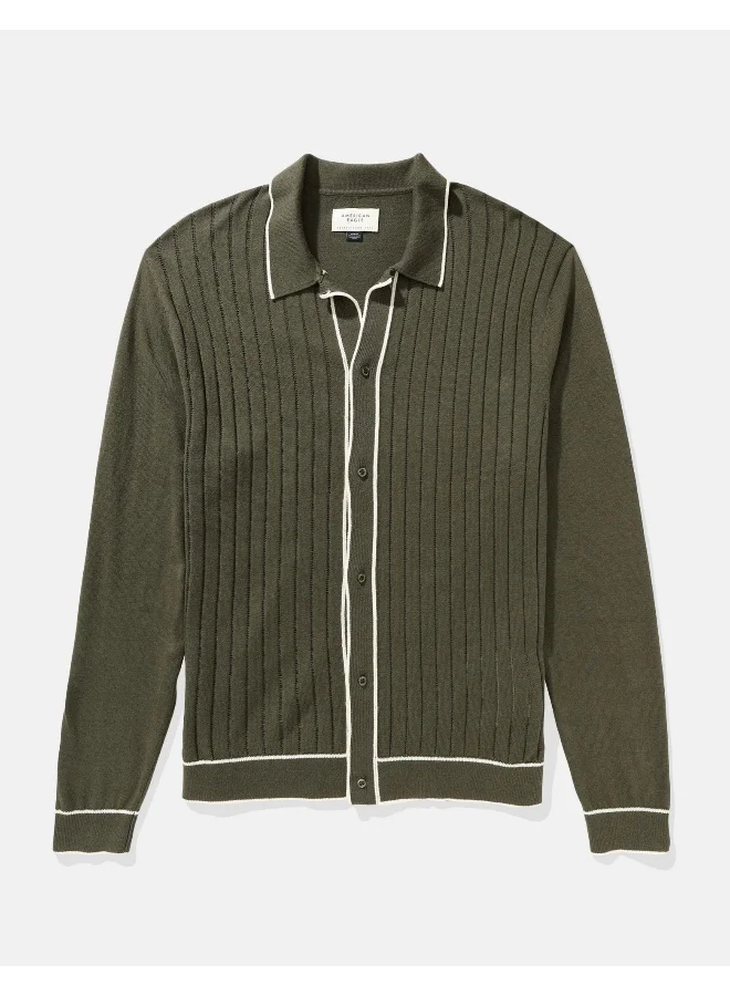 American Eagle AE Long-Sleeve Tipped Sweater Polo Shirt
