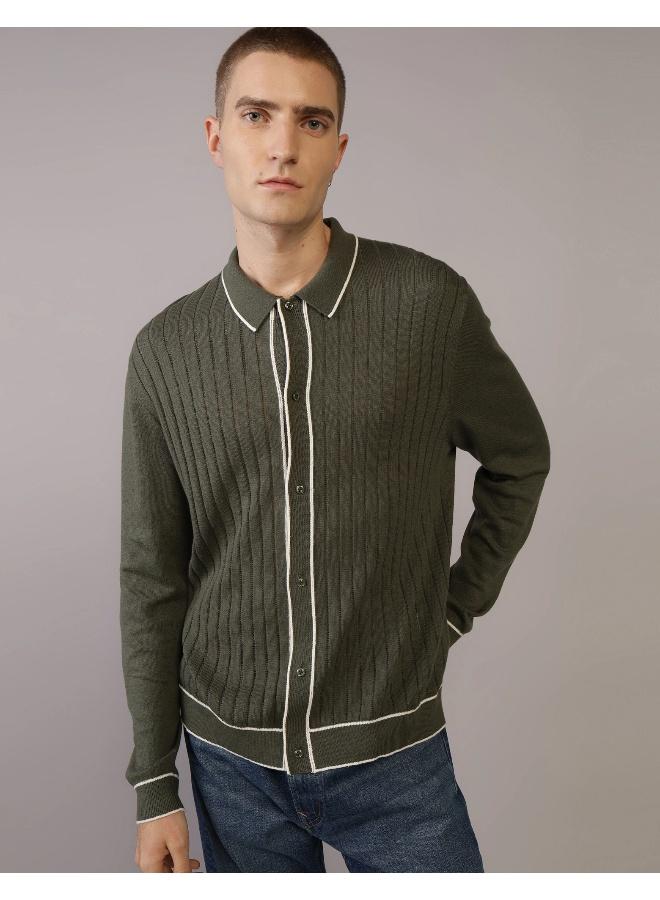 American Eagle AE Long-Sleeve Tipped Sweater Polo Shirt  - Image 1