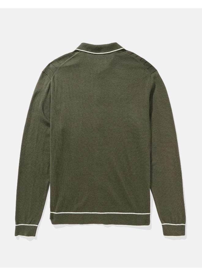 American Eagle AE Long-Sleeve Tipped Sweater Polo Shirt  - Image 4