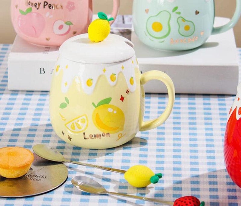 Mozacona Ceramic Mug Lemon Coffee Cup Water Cup with Lid and Spoon - Image 3