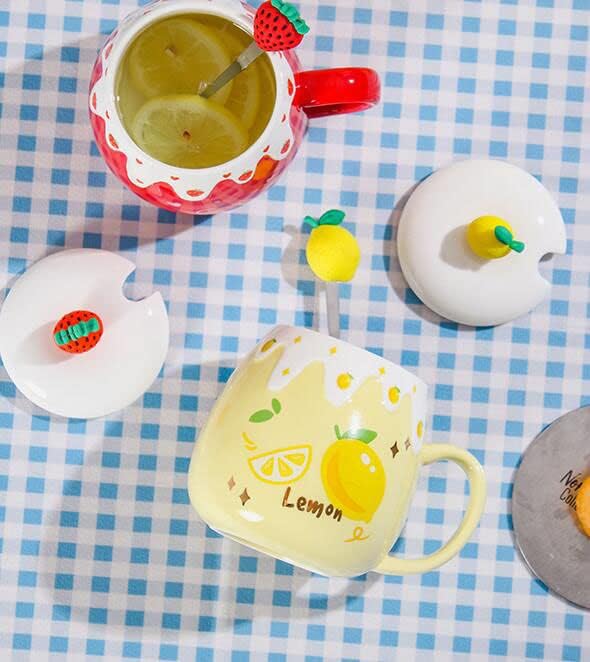Mozacona Ceramic Mug Lemon Coffee Cup Water Cup with Lid and Spoon - Image 5