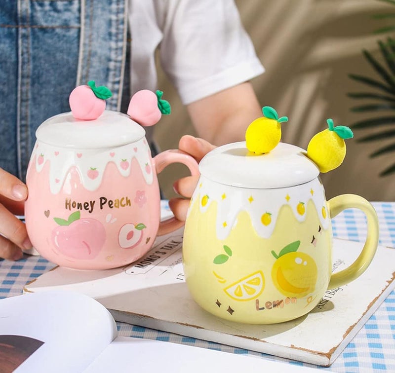 Mozacona Ceramic Mug Lemon Coffee Cup Water Cup with Lid and Spoon - Image 4