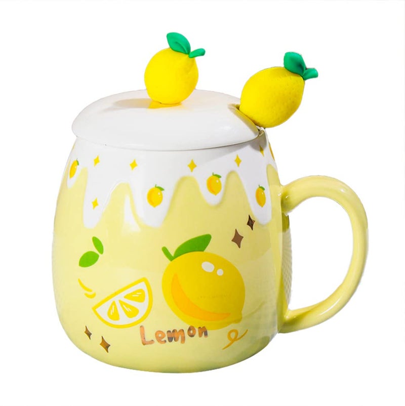 Mozacona Ceramic Mug Lemon Coffee Cup Water Cup with Lid and Spoon - Image 1