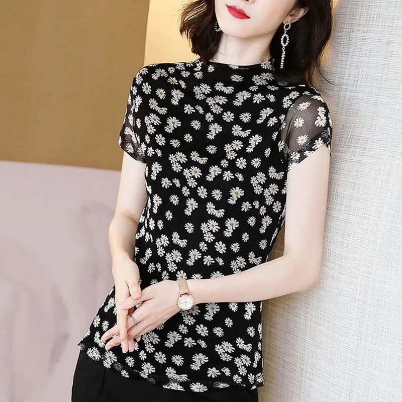 Middle-Aged Mother Large Size Sleeve Short Round Neck Thin Fashionable Stylish Printed All-Match Shirt Base-Shirt T-Shirt - Image 1