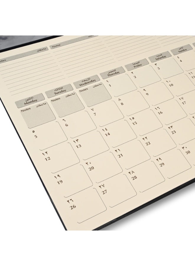 FIS 2026 Year Planner – PVC Desk Blotter with Brown Italian PU Flap, 490x340mm, 12 Monthly Sheets, Ivory Paper, (English/Arabic), Ideal for Desk Use, Daily Notes & Reminders – FSDKPAE26BR - Image 3