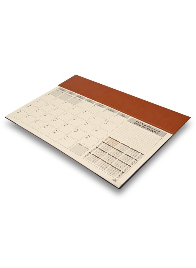 FIS 2026 Year Planner – PVC Desk Blotter with Brown Italian PU Flap, 490x340mm, 12 Monthly Sheets, Ivory Paper, (English/Arabic), Ideal for Desk Use, Daily Notes & Reminders – FSDKPAE26BR - Image 1