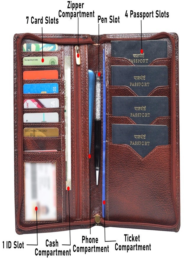 ABYS حافظة جوازات سفر من الجلد الطبيعي البني الداكن من ABYS للرجال والنساء | محفظة سفر بسحاب | حافظة جوازات سفر عائلية لأربعة أشخاص (بني قهوة) - Image 4