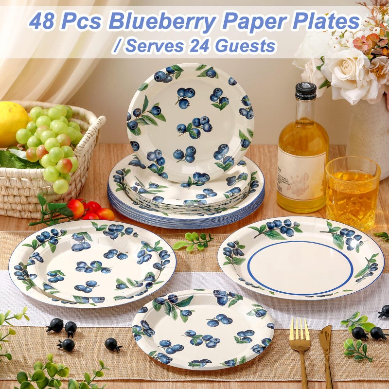 Funnymoom 48 Pcs Blueberry Paper Plates Set Include 9 Inch and 7 Inch Spring Watercolor Disposable Plates Summer Decorative Dinner Birthday Party Tableware for Baby Shower Party Supplies - Image 2
