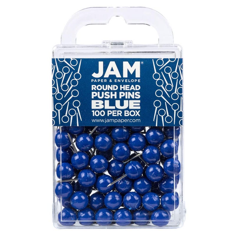 JAM PAPER Colorful Push Pins  Round Head Map Thumb Tacks  Blue Pushpins  100Pack
