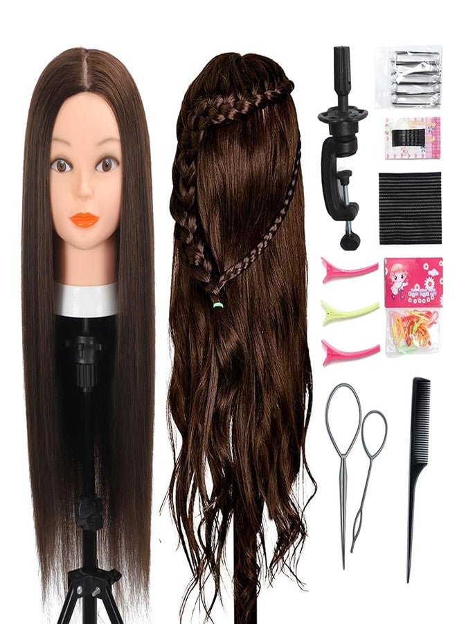 Opini 26”-28”Mannequin Head 80% Real Hair Manikin Head Cosmetology Doll Head for Styling Mannequin Head Human Hair (#4 Dark Brown) - Image 1