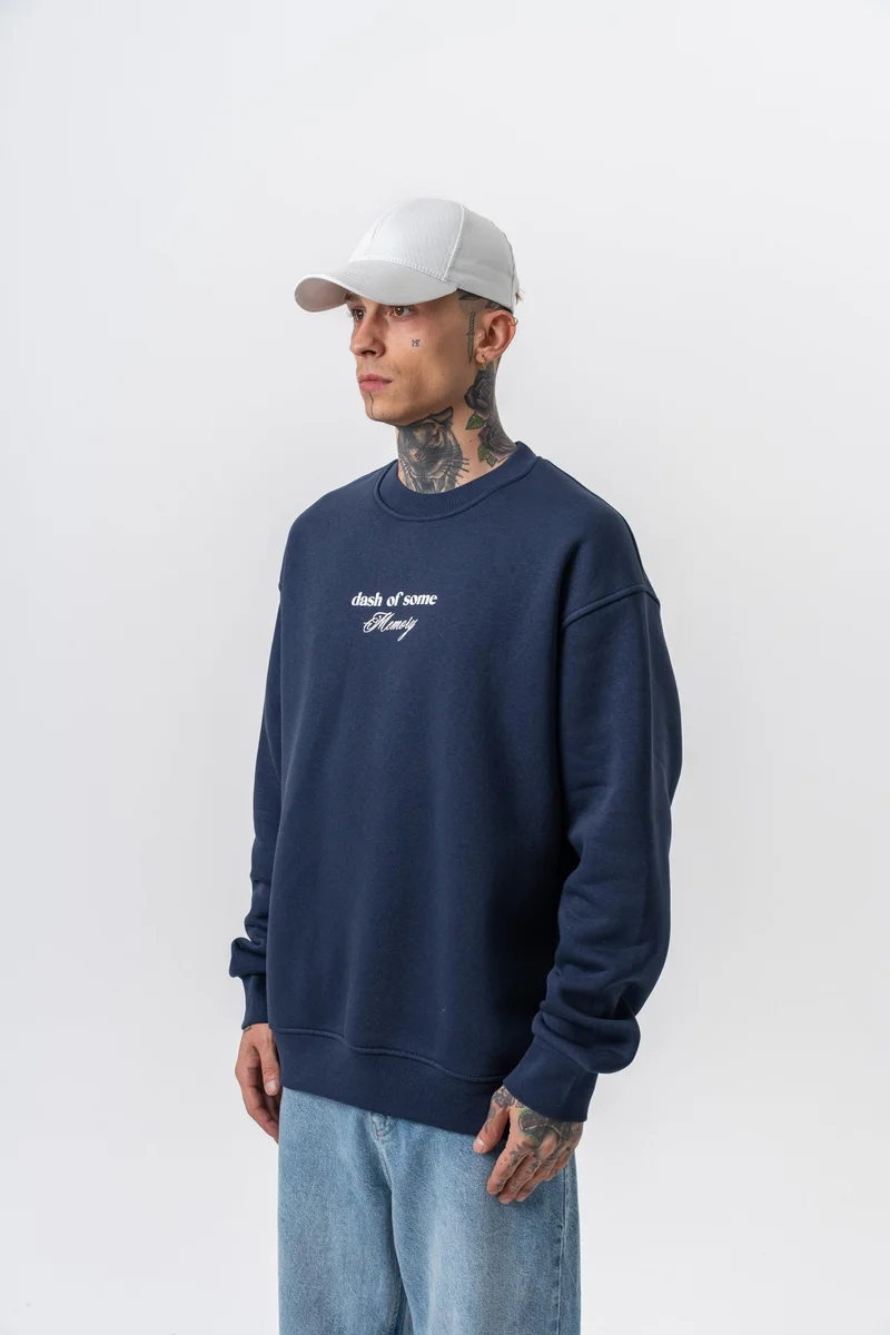 RESPIRE Men’s Memory Printed Crewneck Oversize Sweatshirt Navy Blue