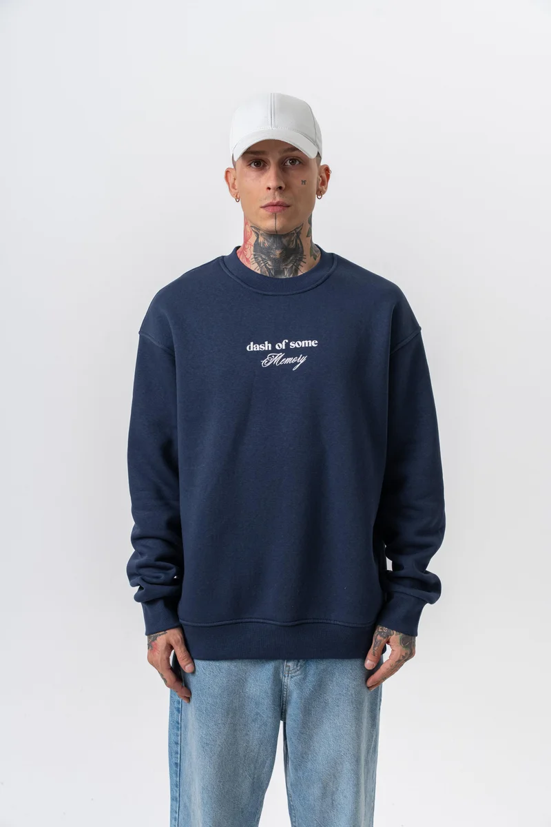 RESPIRE Men’s Memory Printed Crewneck Oversize Sweatshirt Navy Blue