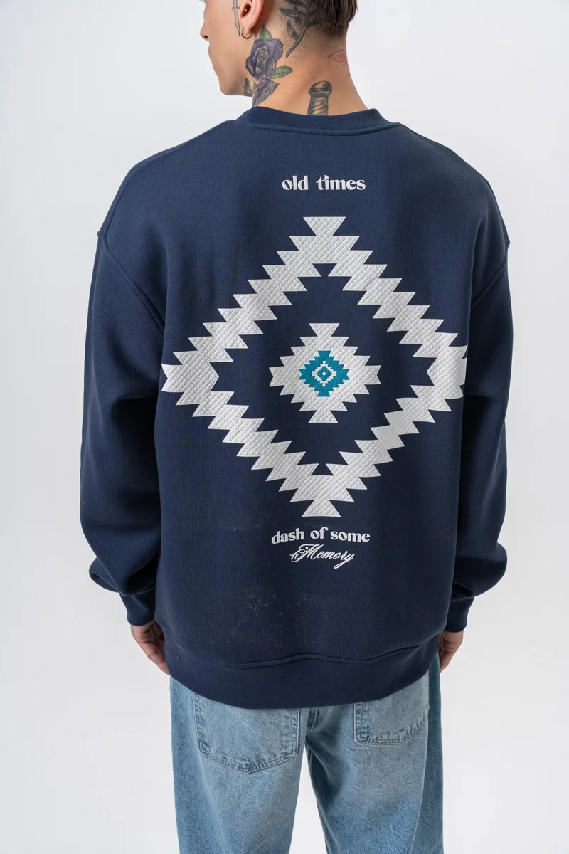 RESPIRE Men’s Memory Printed Crewneck Oversize Sweatshirt Navy Blue