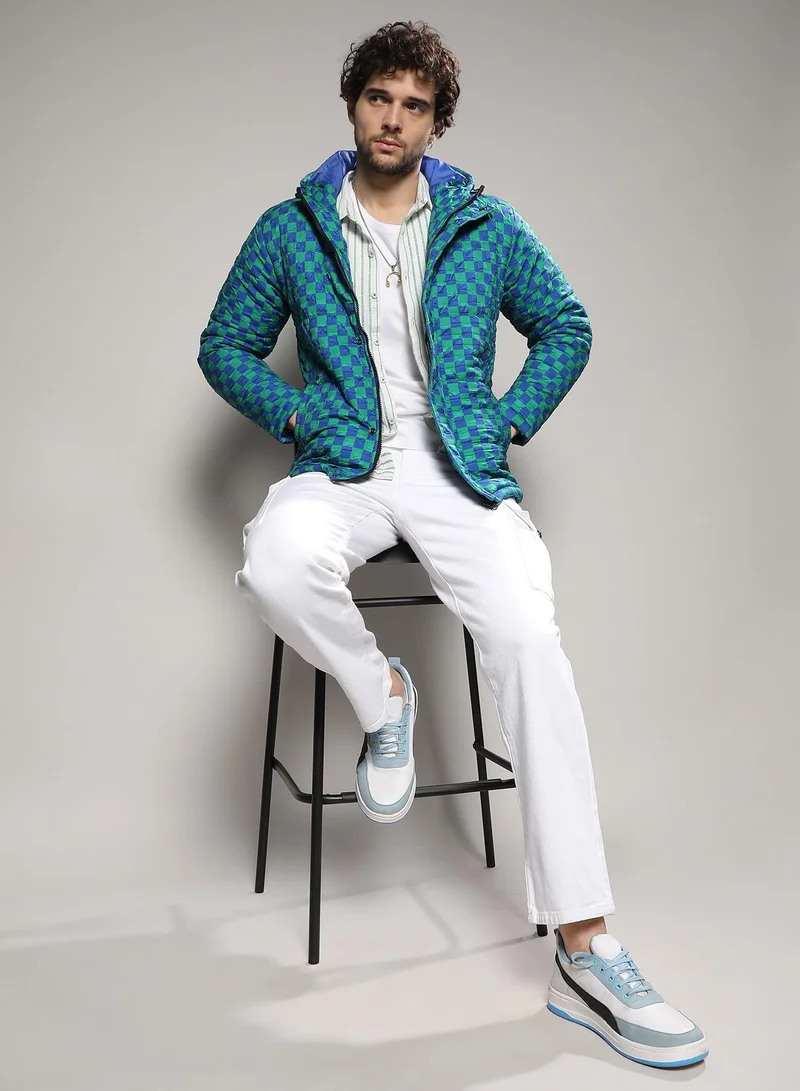 Campus Sutra Men's Royal Blue & Shamrock Green Micro Buffalo Check Puffer Jacket