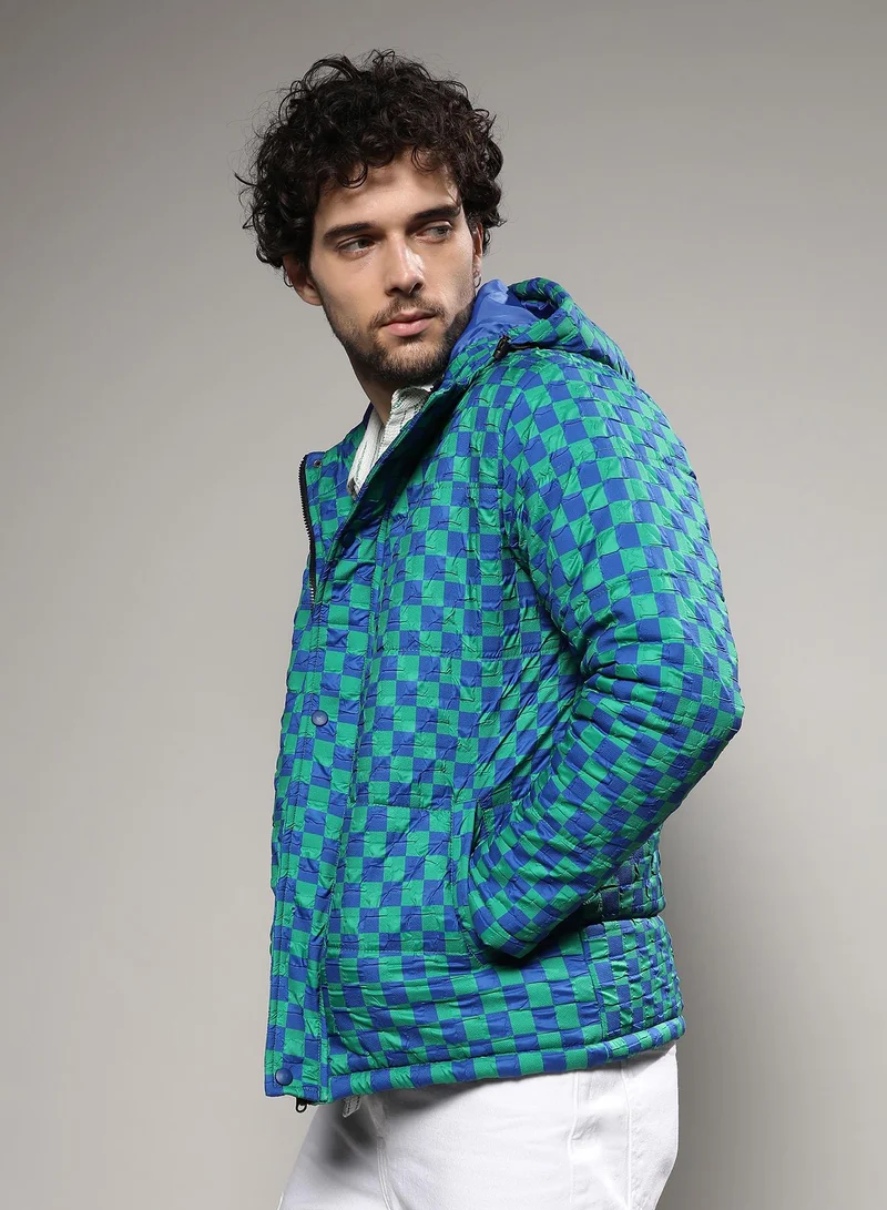Campus Sutra Men's Royal Blue & Shamrock Green Micro Buffalo Check Puffer Jacket